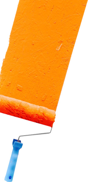 A paint roller spreading orange paint on a wall